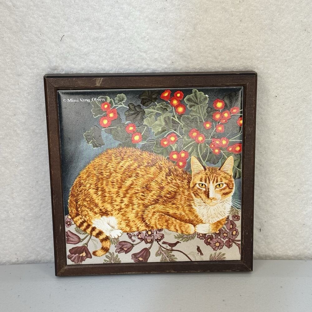Mimi Vang Olsen Orange Tabby Cat Ceramic Tile Trivet Wood Frame VTG Kitchen Deco